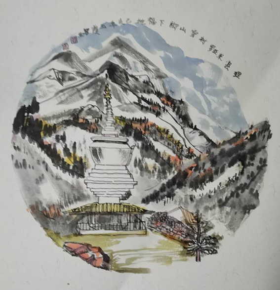樊玉霞作品8  理县米亚罗村《雪山脚下》38X38cm 2019年
